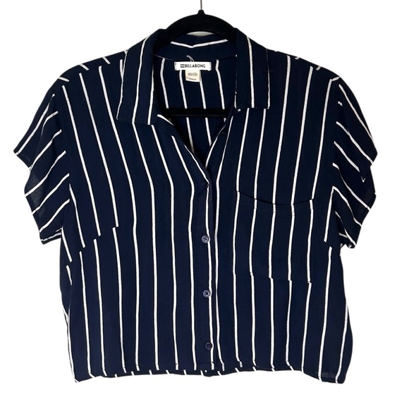 Billabong Tropical Crush Navy Blue Striped Button-Up Crop Top- Size Small - Picture 3 of 14